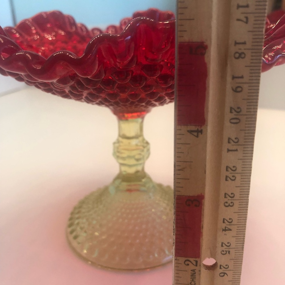 Vintage Hobnail Fenton Ruby Red Pedestal Vase Ruffled Candy Dish Gold Base